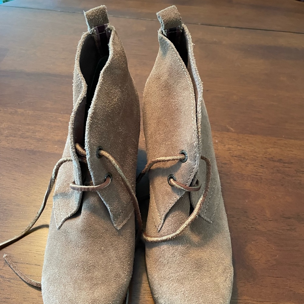 Speery Suede tan 1 to 1 1/2  inch wedge heel booties